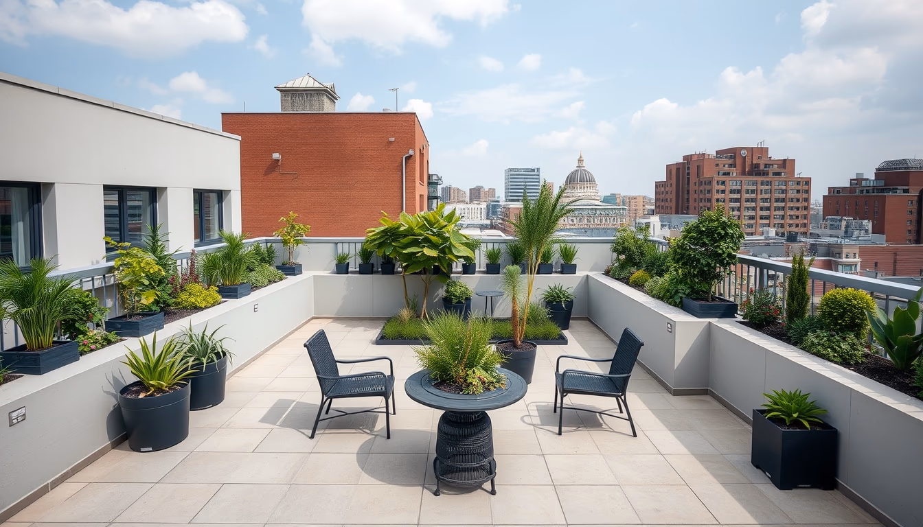rooftop garden office in editorial style