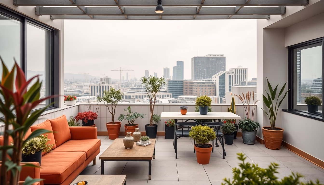 rooftop garden office in editorial style