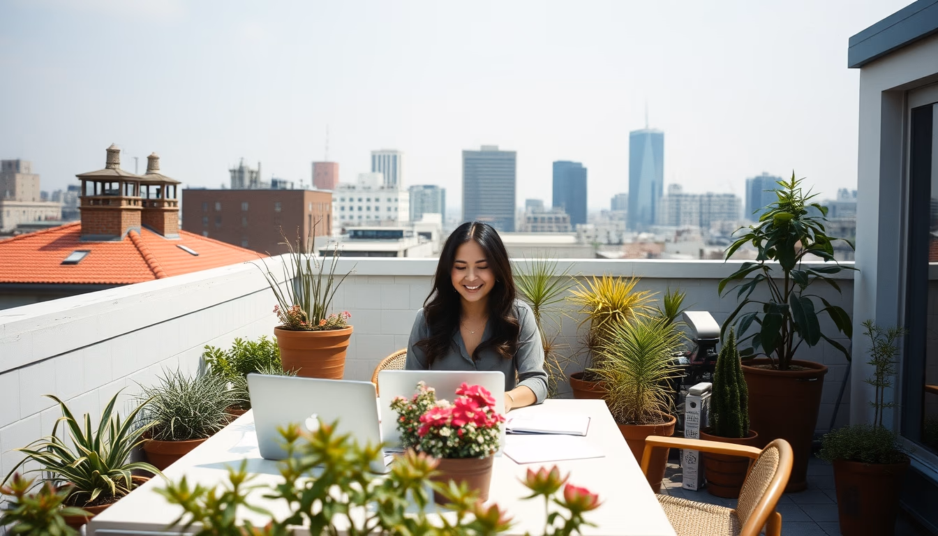 rooftop garden office in editorial style
