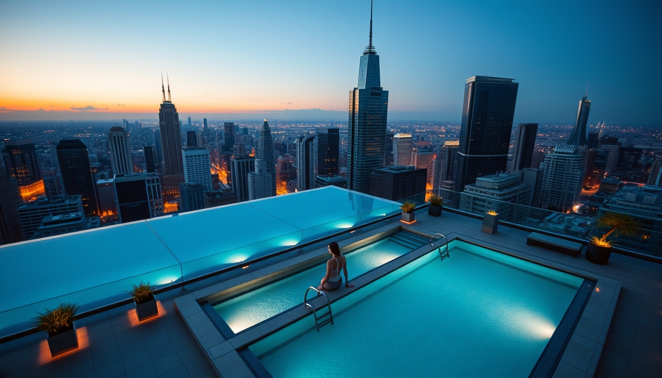rooftop pool city view in editorial style