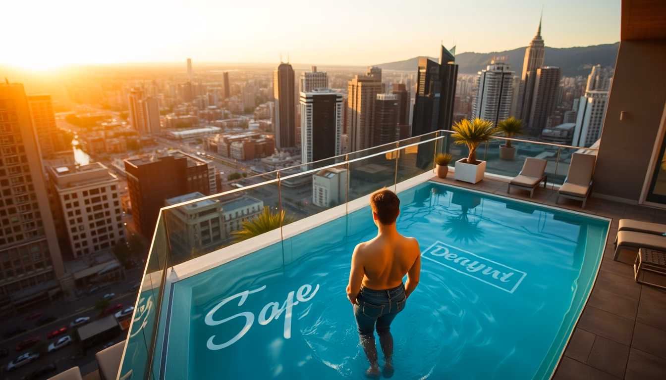 rooftop pool city view in editorial style