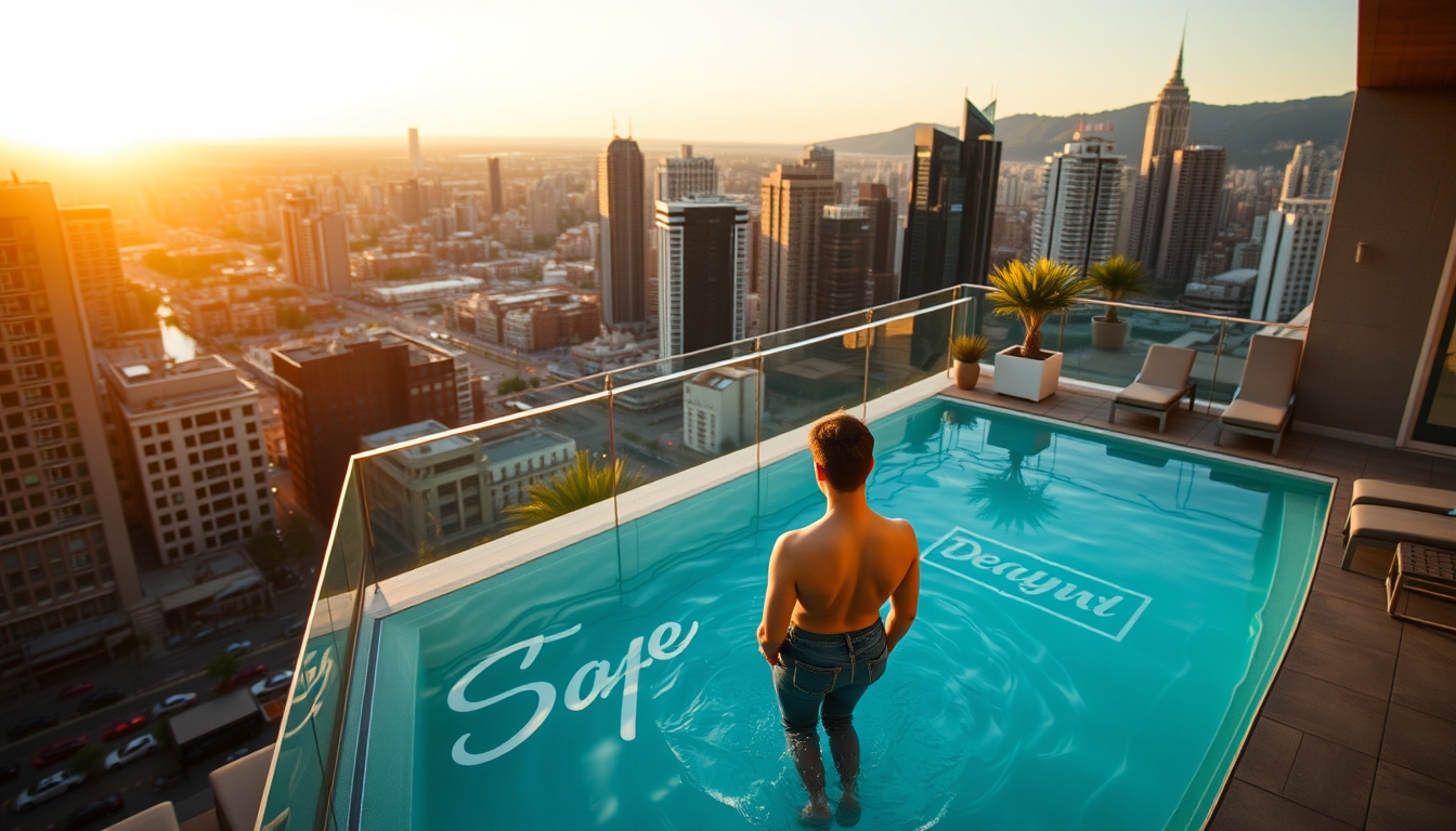 rooftop pool city view in editorial style