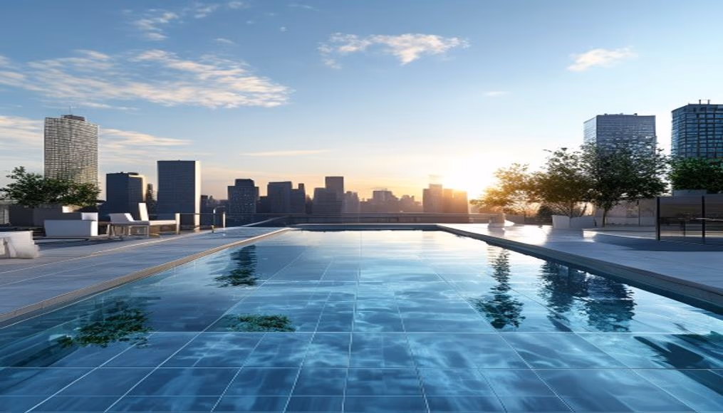 rooftop pool city view in editorial style
