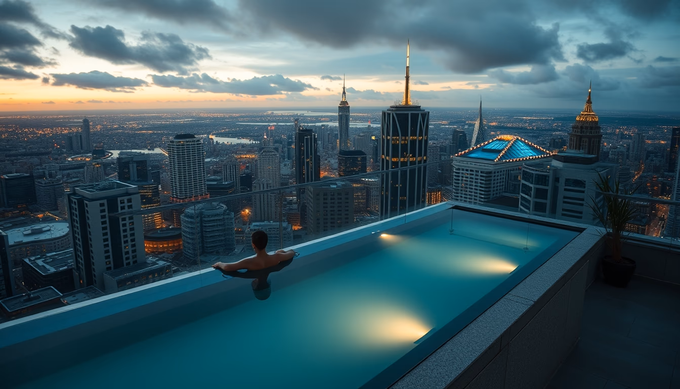 rooftop pool city view in editorial style