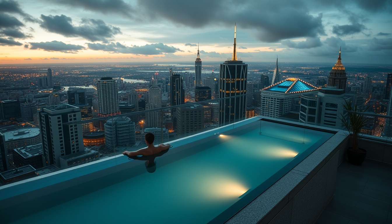 rooftop pool city view in editorial style