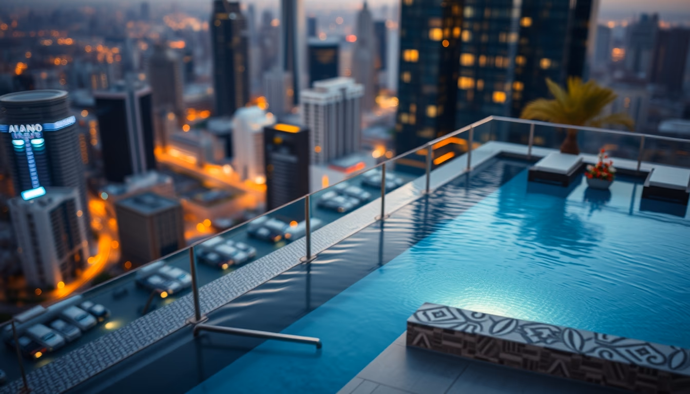 rooftop pool city view in editorial style
