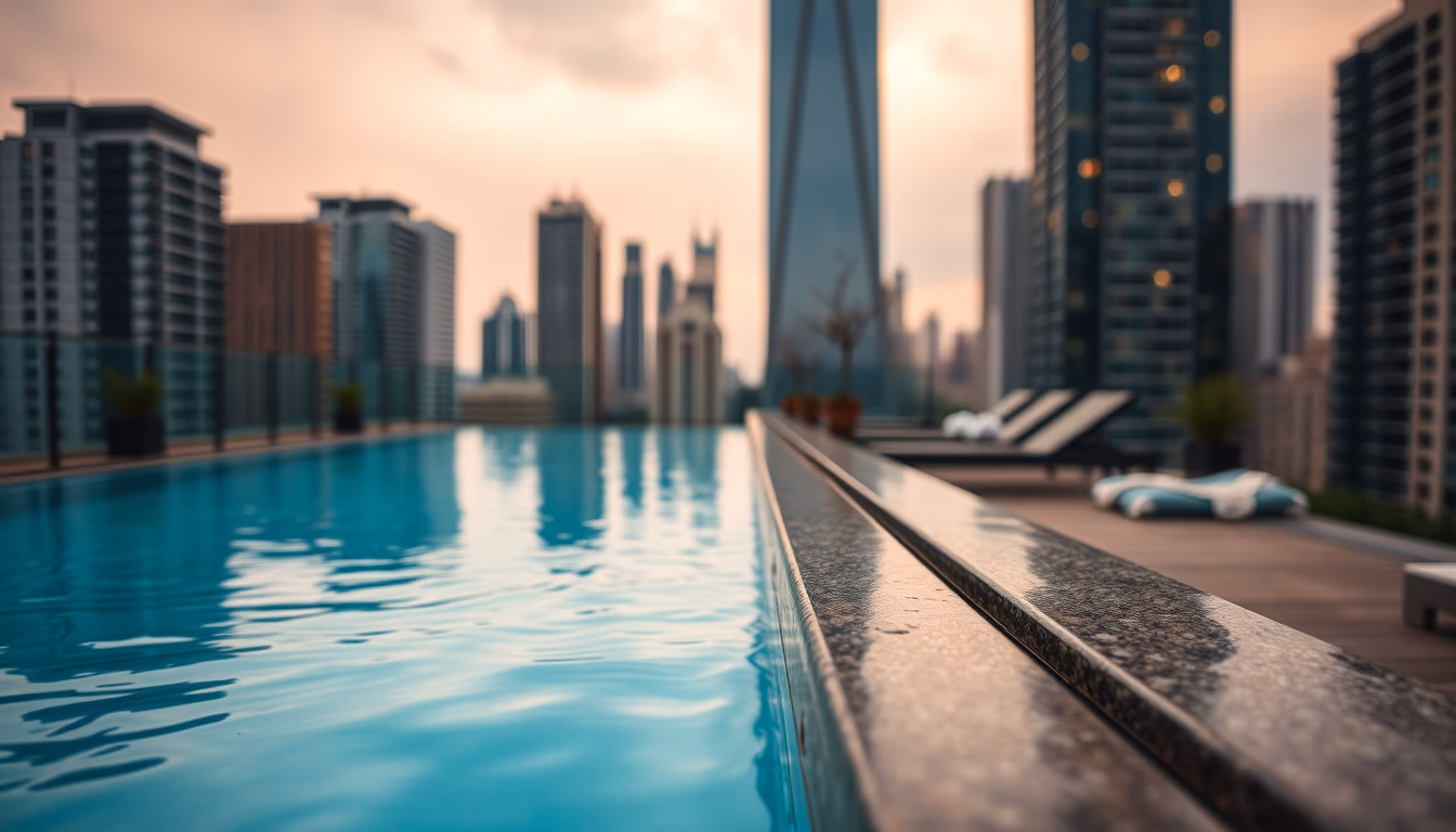 rooftop pool city view in editorial style