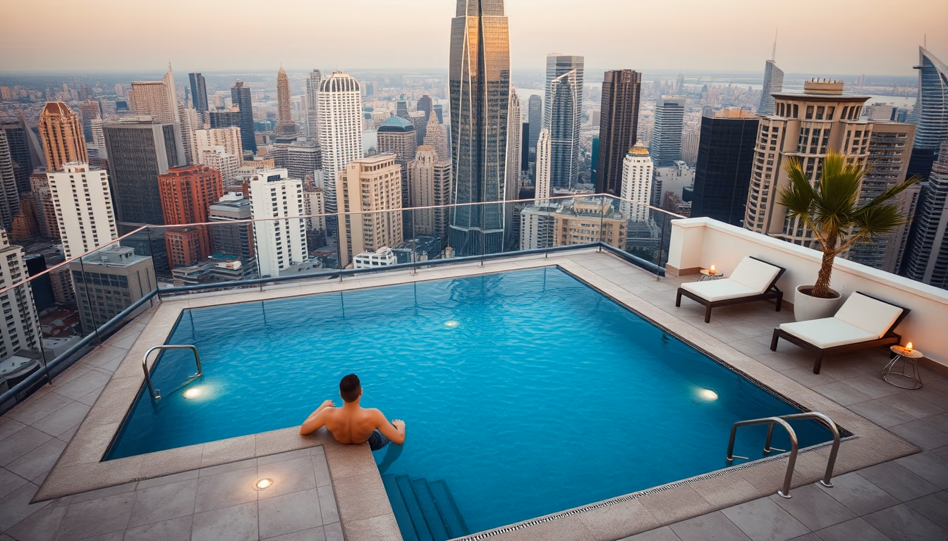 rooftop pool city view in editorial style