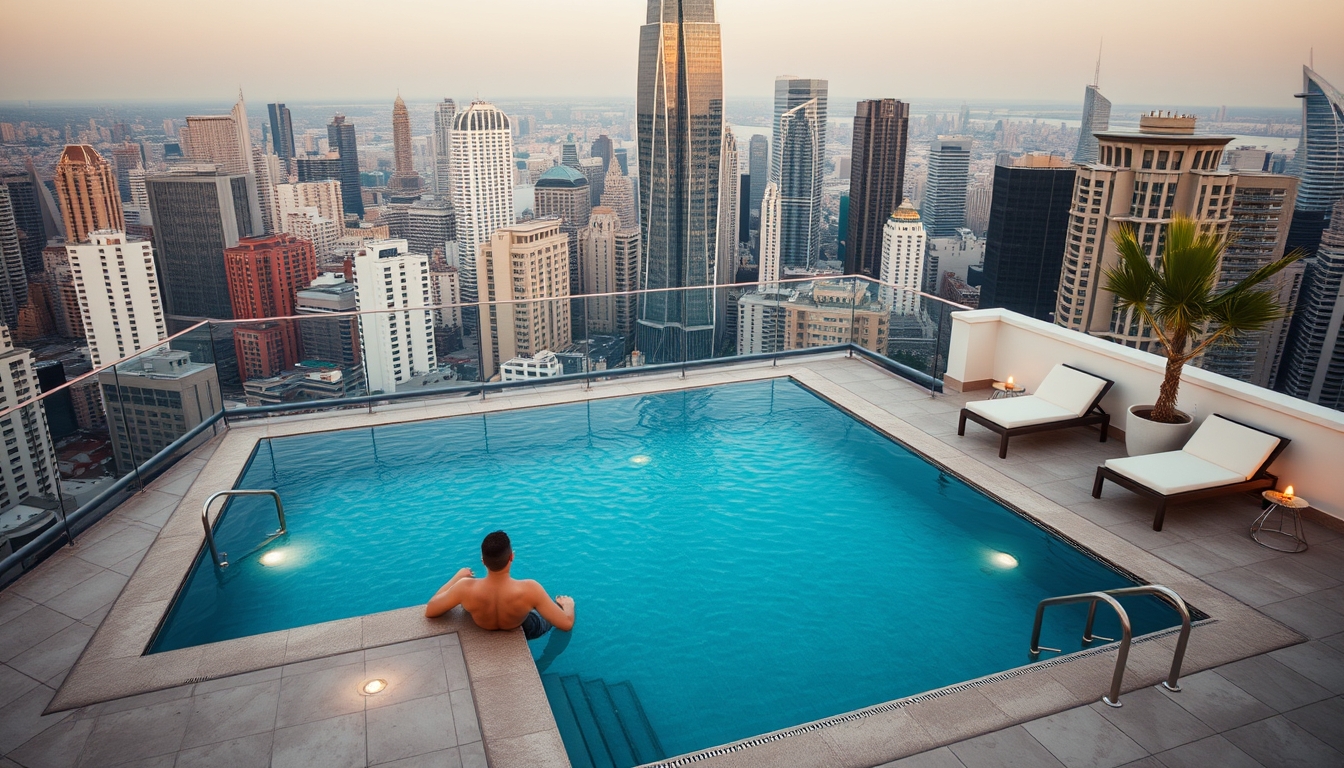 rooftop pool city view in editorial style