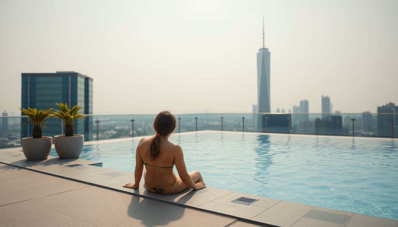 rooftop pool city view in editorial style
