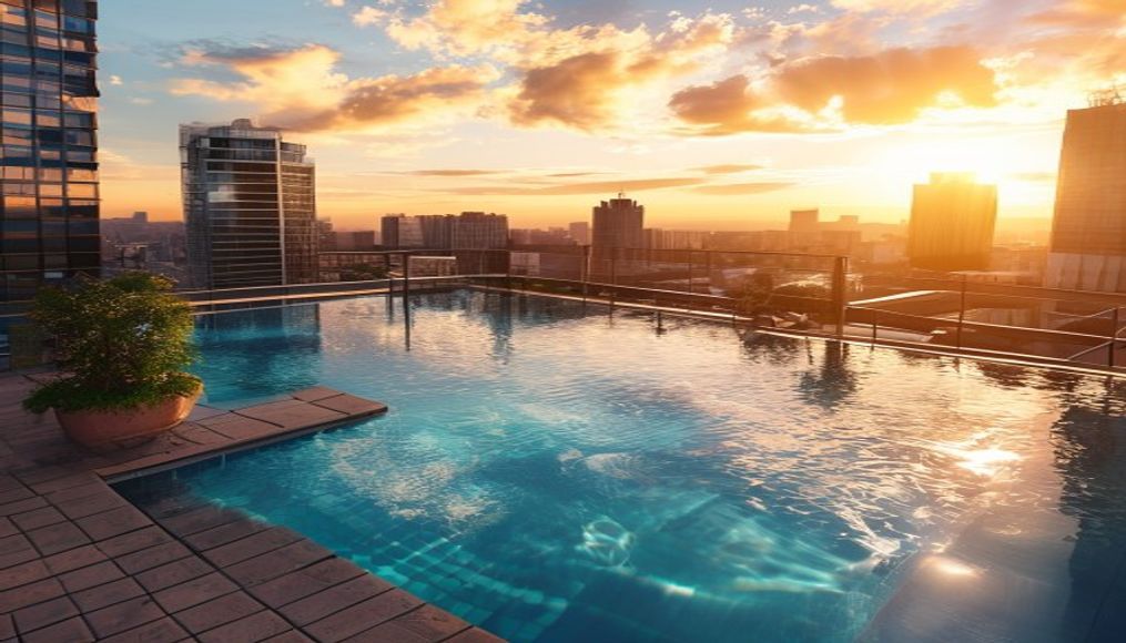 rooftop pool city view in editorial style