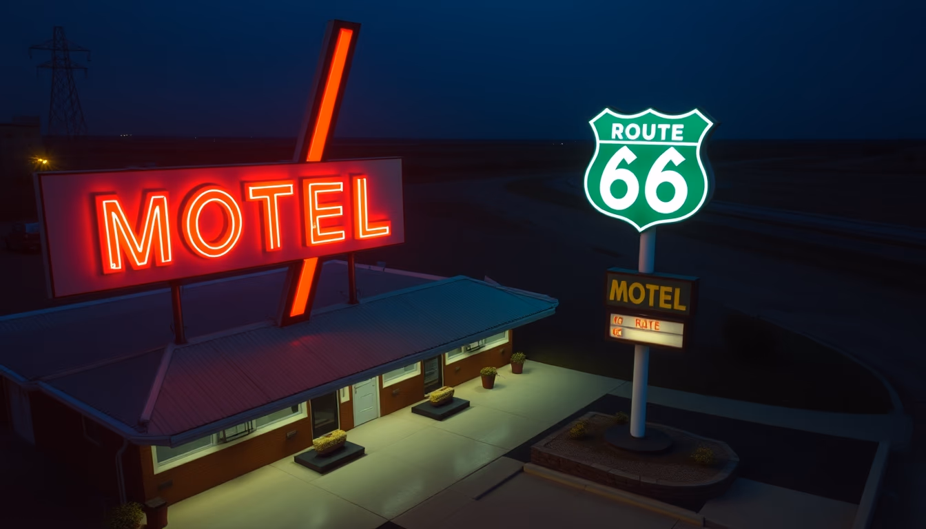 route 66 motel neon in editorial style