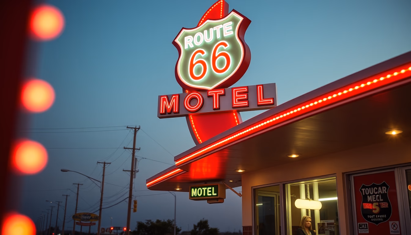 route 66 motel neon in editorial style