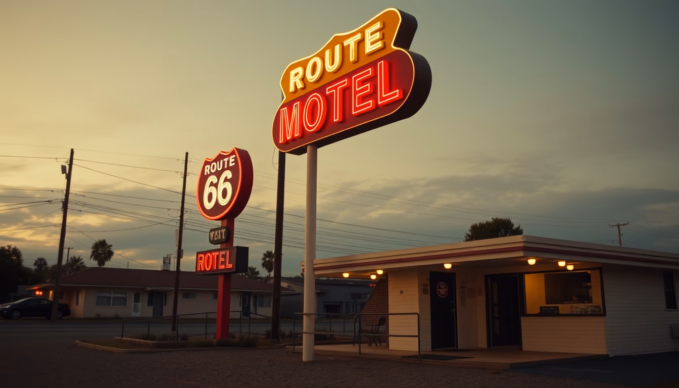 route 66 motel neon in editorial style