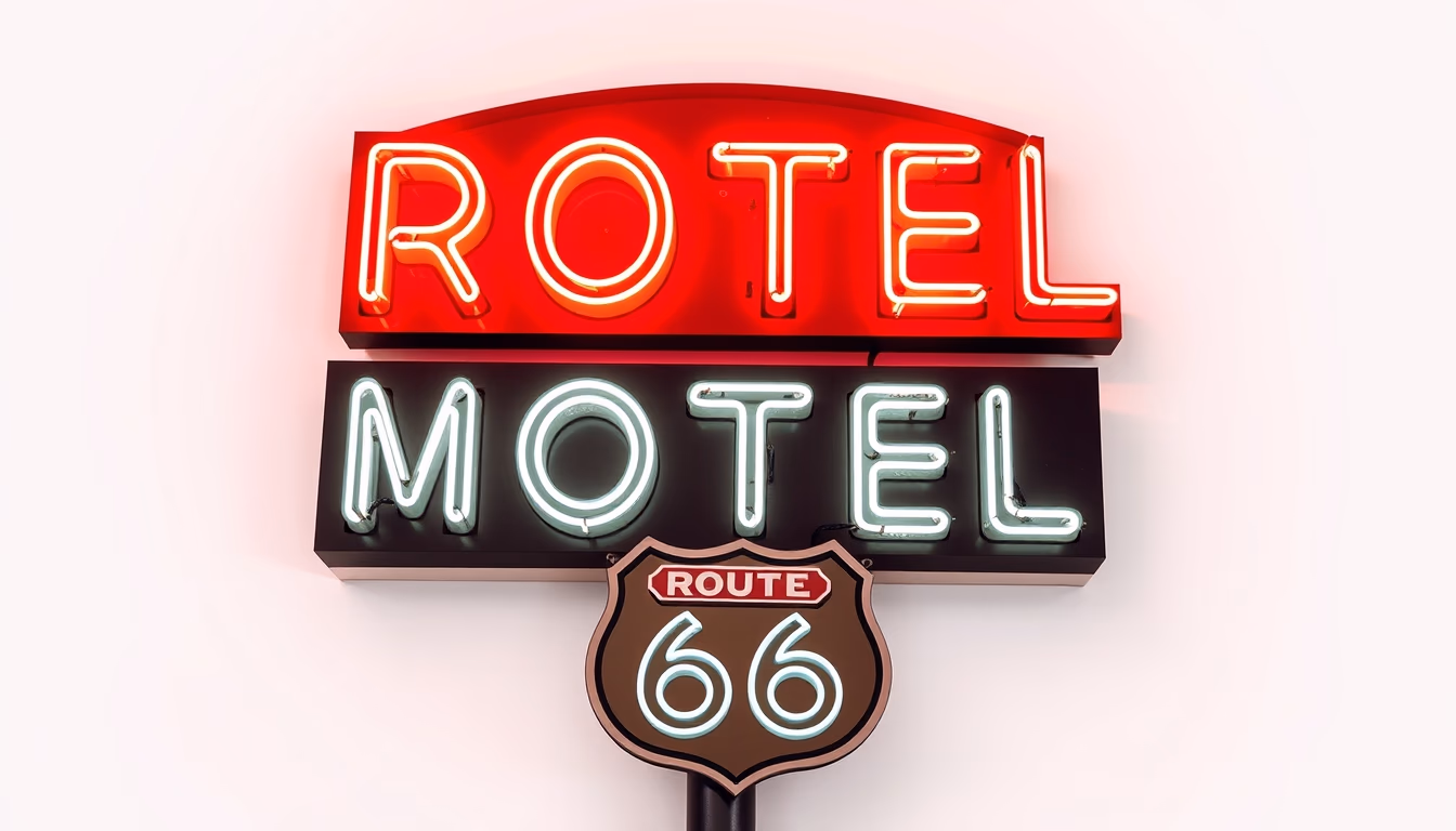 route 66 motel neon in editorial style