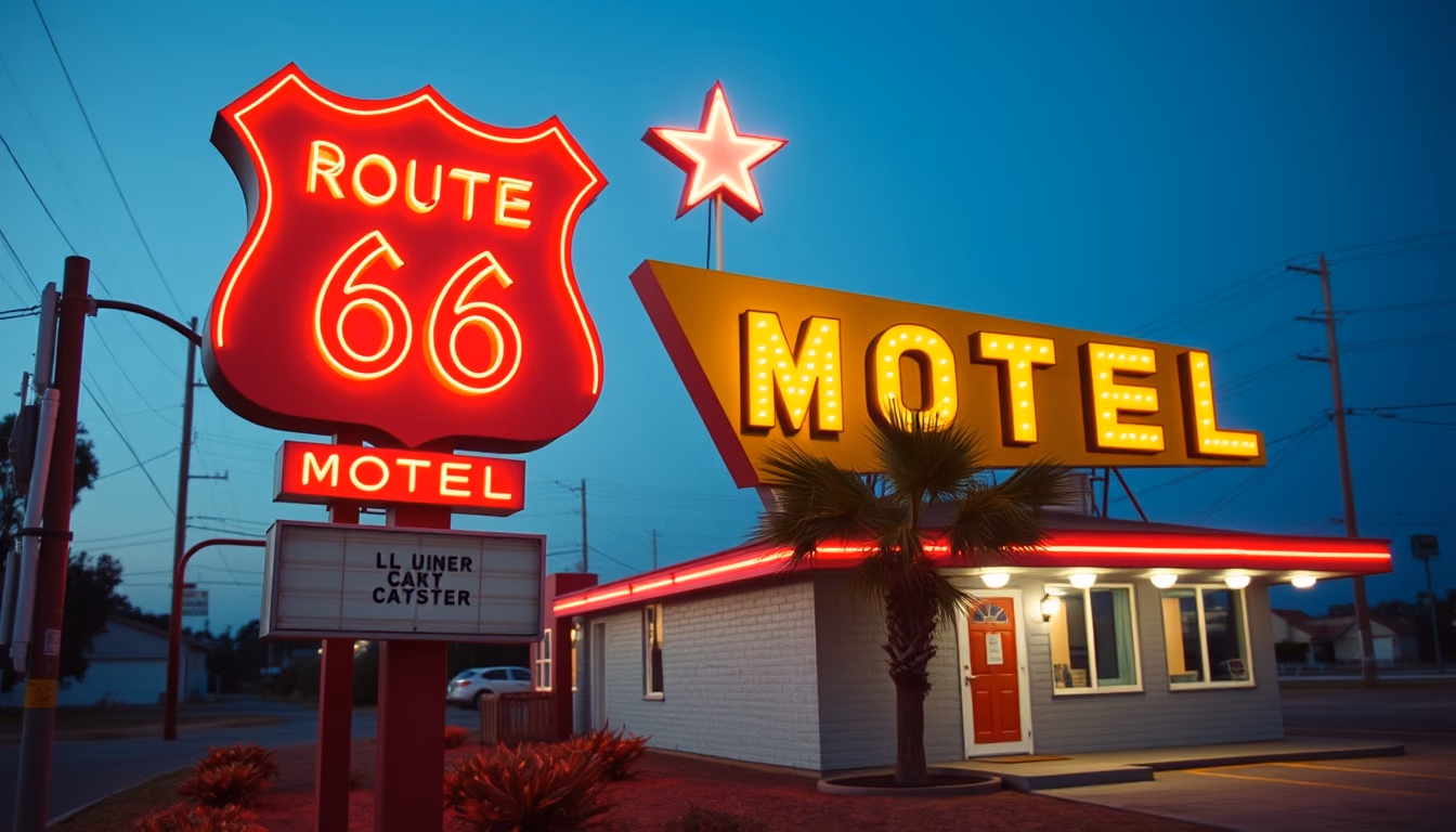 route 66 motel neon in editorial style