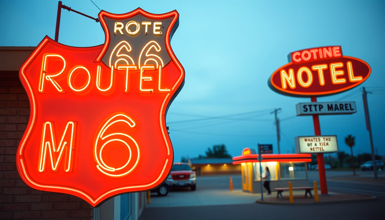 route 66 motel neon in editorial style