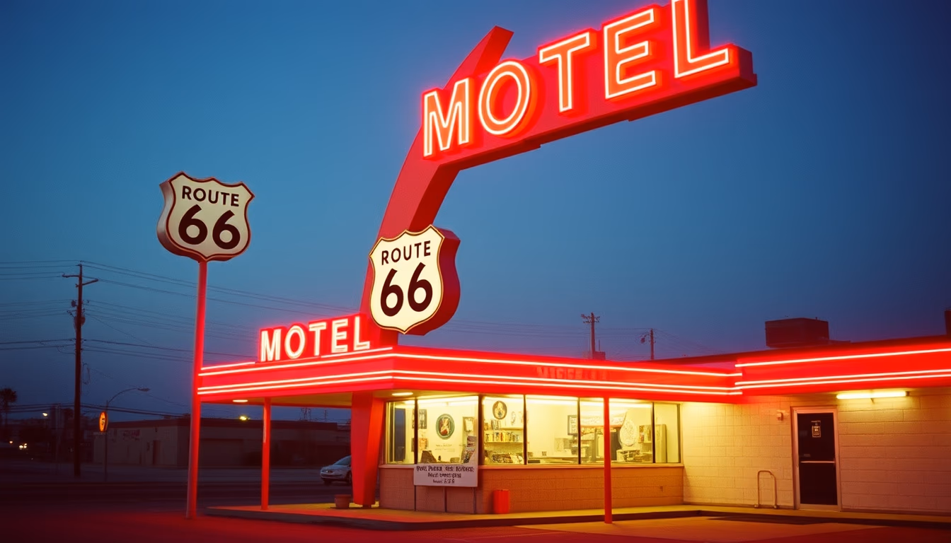 route 66 motel neon in editorial style