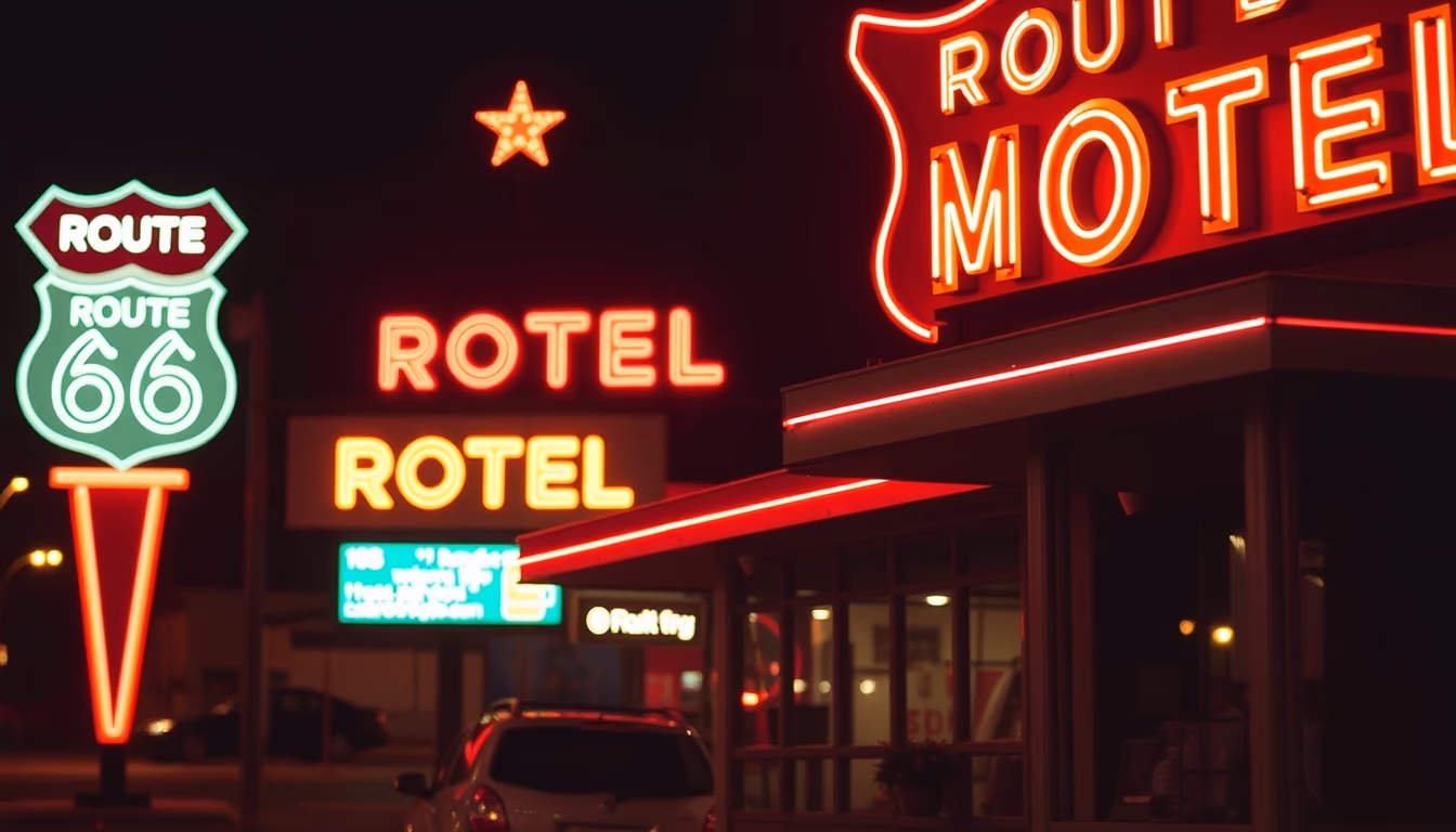 route 66 motel neon in editorial style