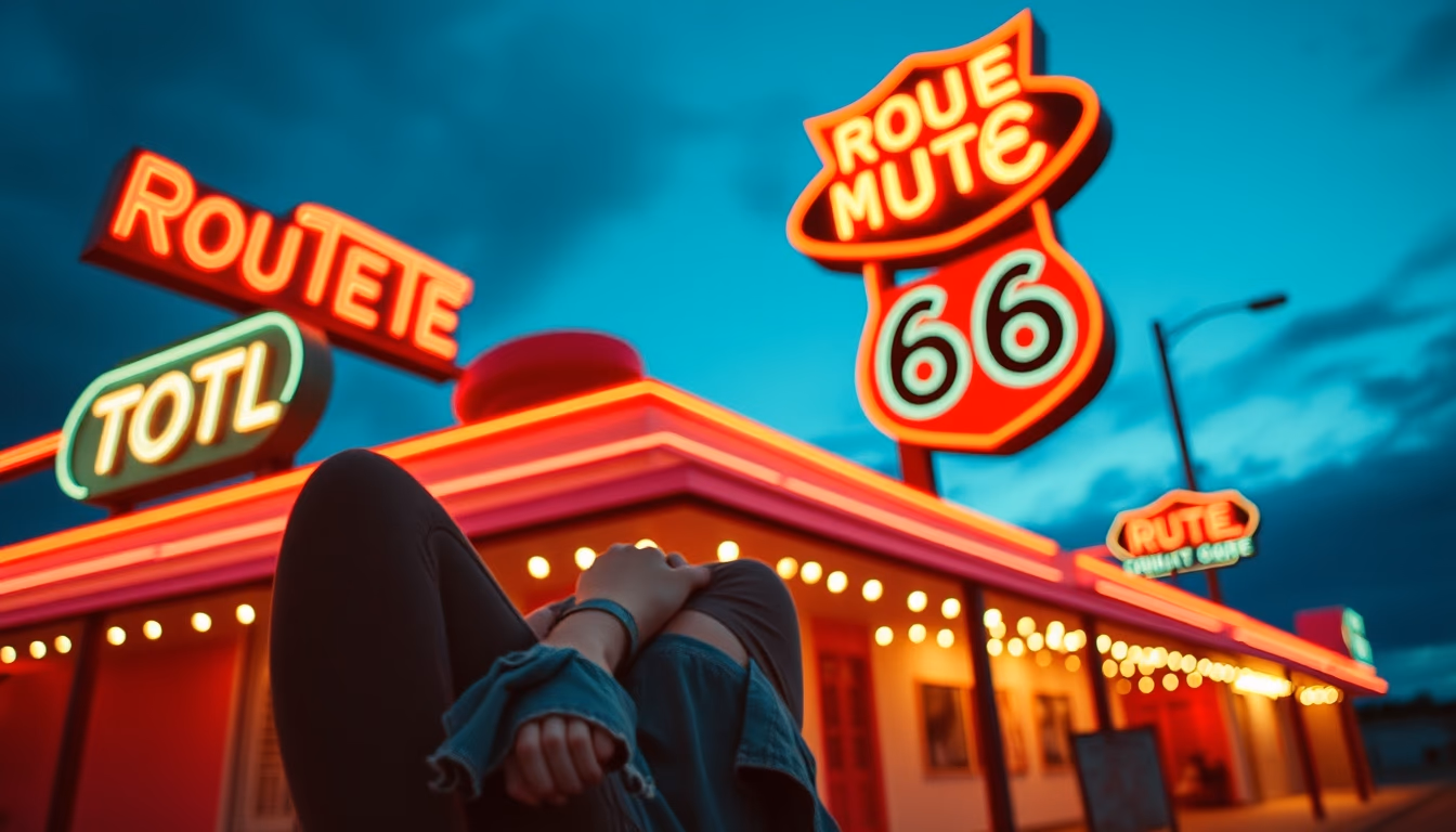 route 66 motel neon in editorial style