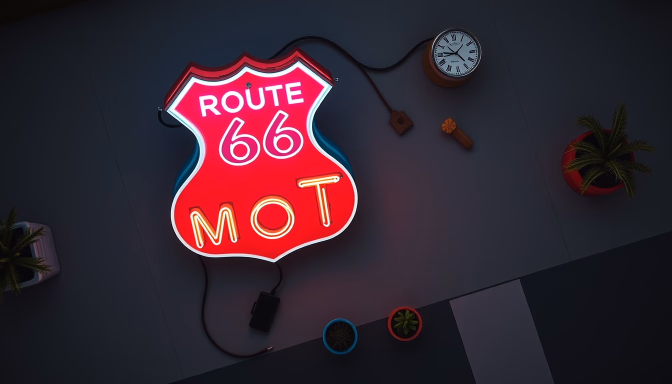 route 66 motel neon in editorial style