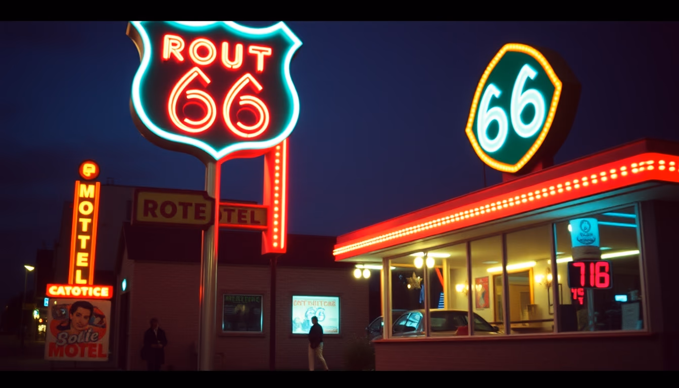 route 66 motel neon in editorial style