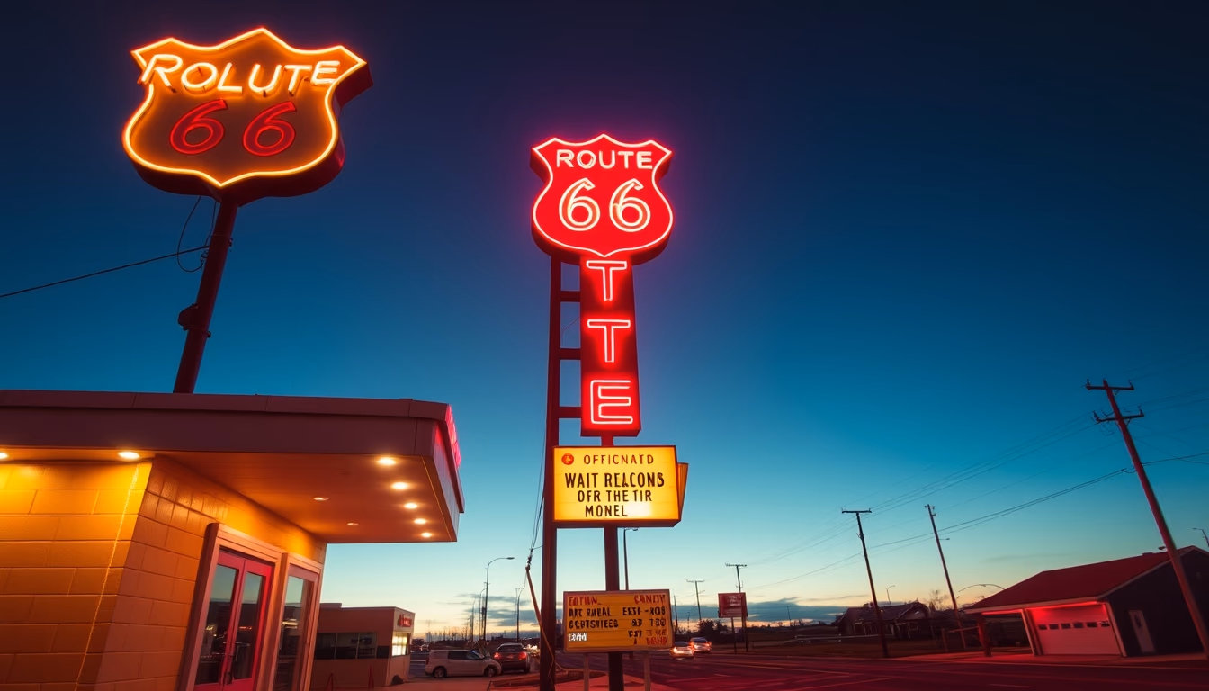 route 66 motel neon in editorial style