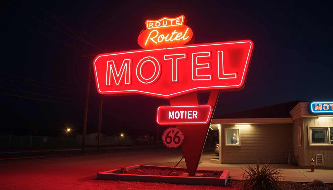 route 66 motel neon in editorial style