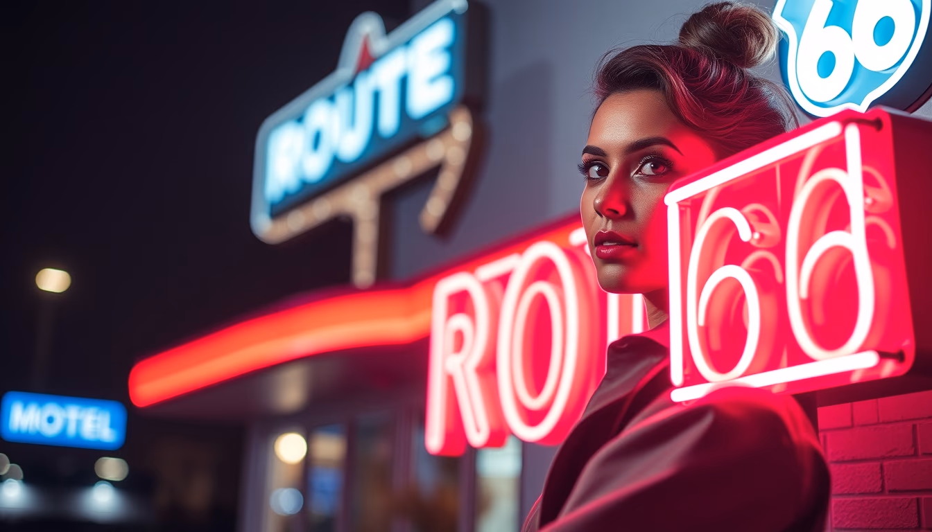 route 66 motel neon in editorial style