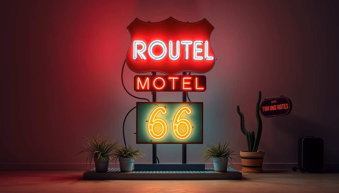 route 66 motel neon in editorial style
