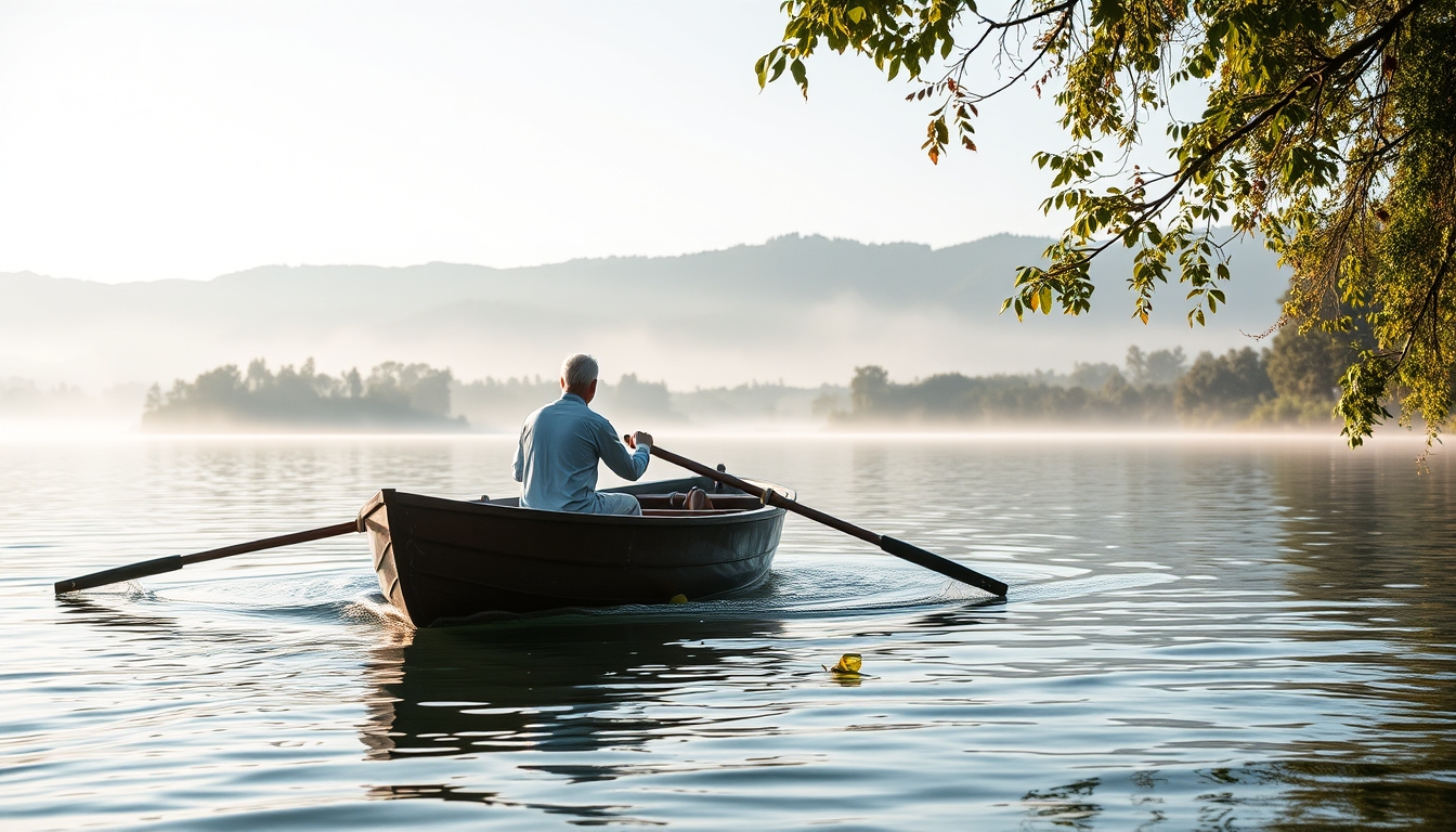 rowing boat lake morning in editorial style