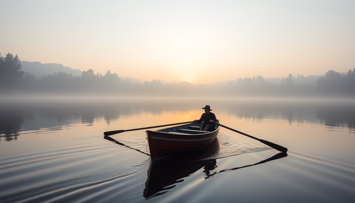 rowing boat lake morning in editorial style