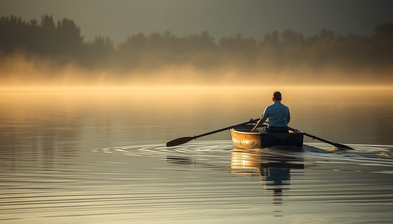 Rowing boat lake morning em estilo editorial