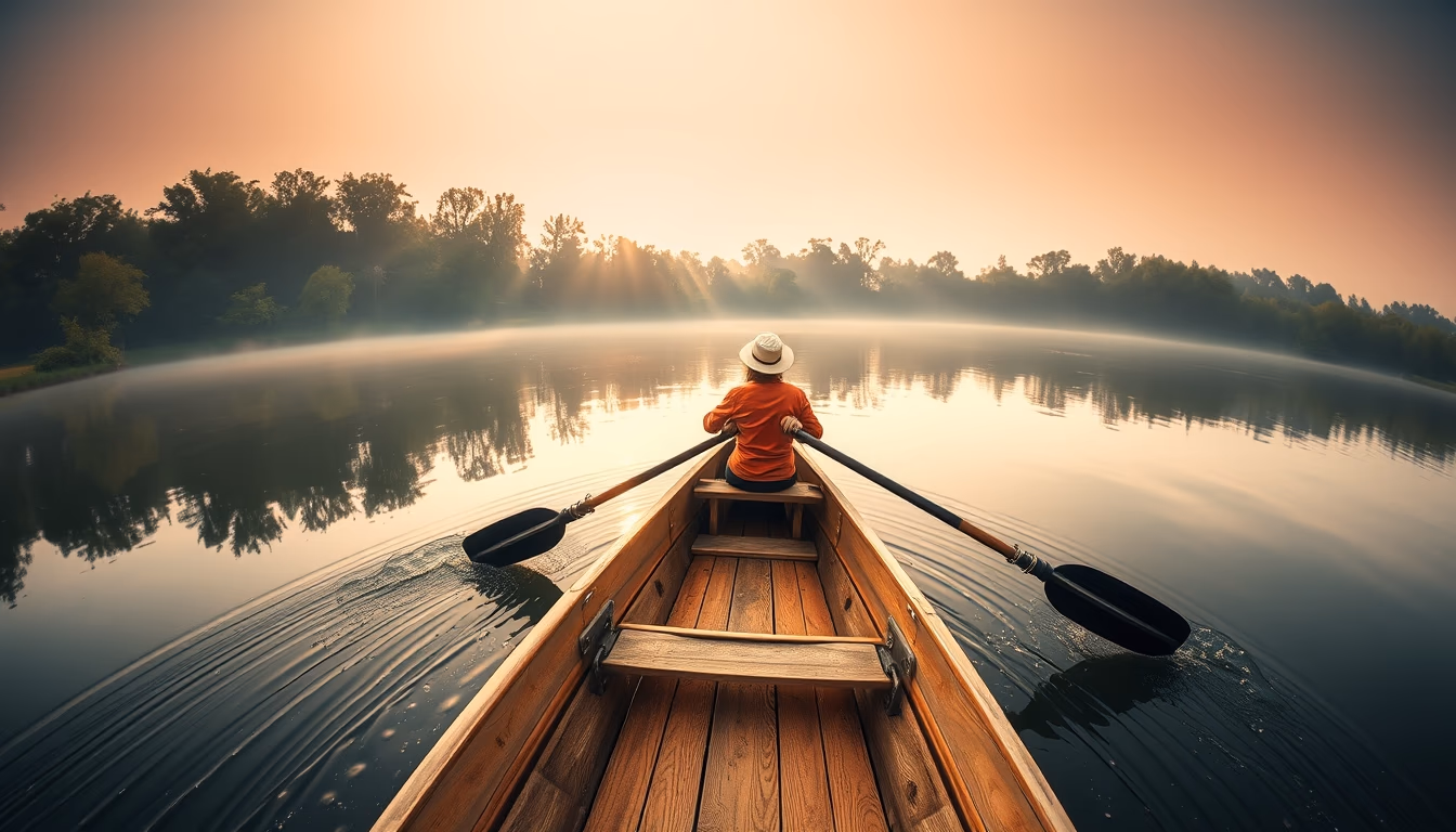 rowing boat lake morning in editorial style