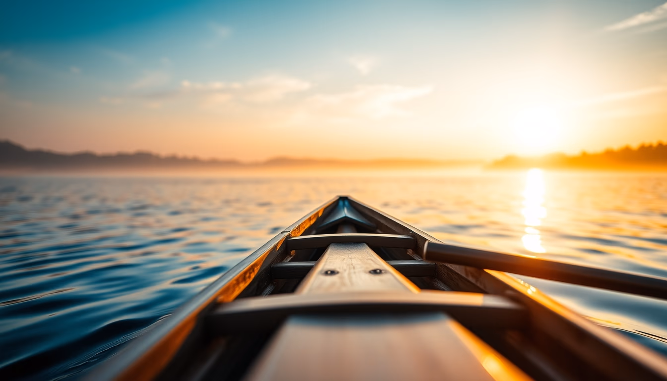 rowing boat lake morning in editorial style