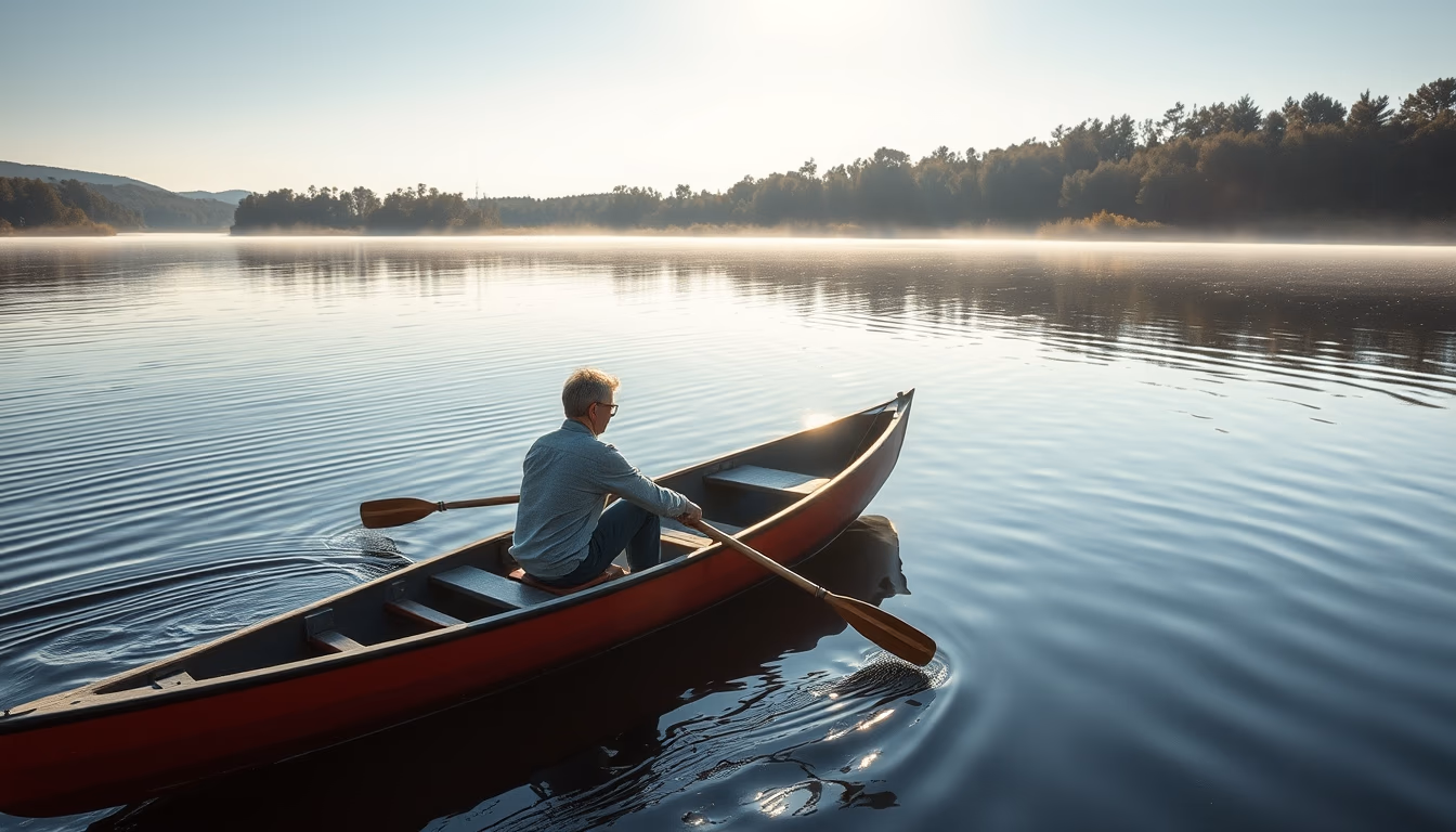 rowing boat lake morning in editorial style