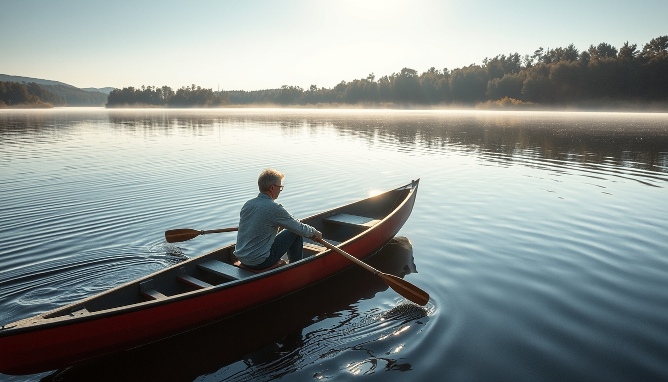 rowing boat lake morning in editorial style