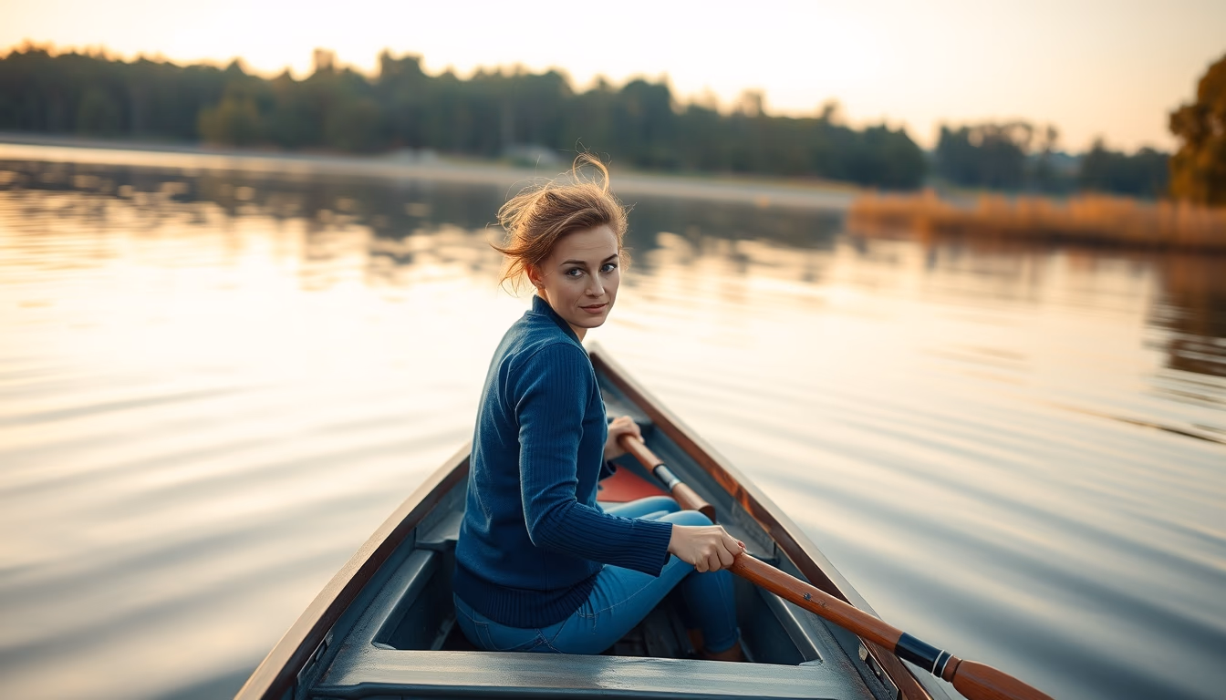 rowing boat lake morning in editorial style