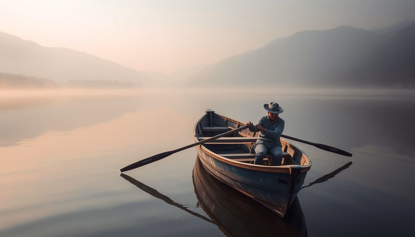 rowing boat lake morning in editorial style