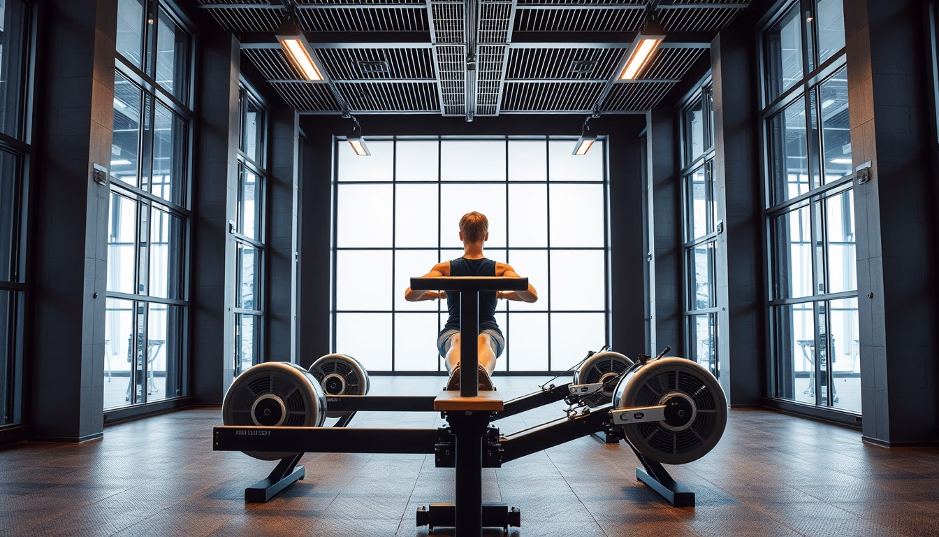 rowing machine modern gym in editorial style