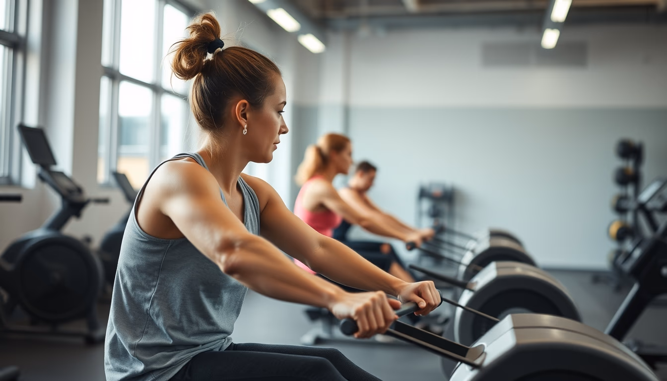 rowing machine modern gym in editorial style