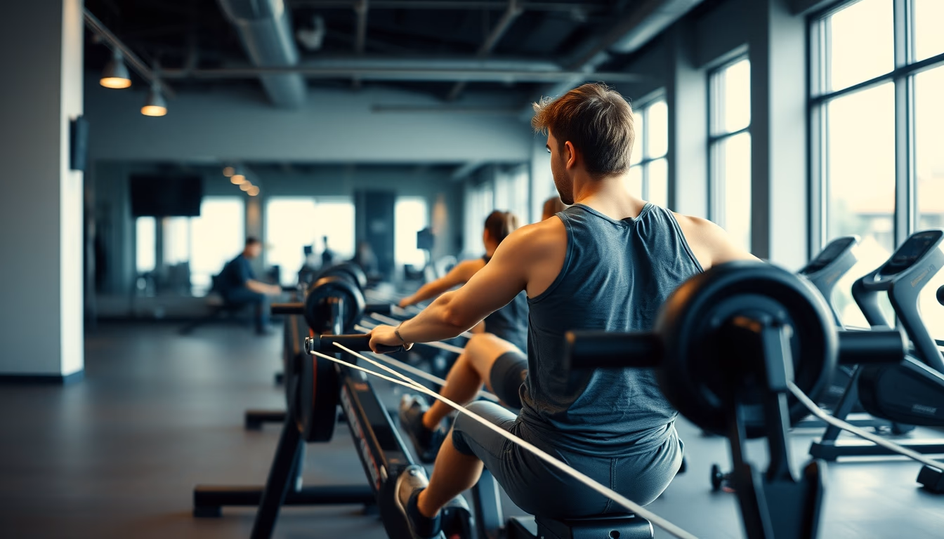 rowing machine modern gym in editorial style