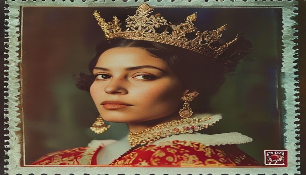 royal stamp queen in editorial style