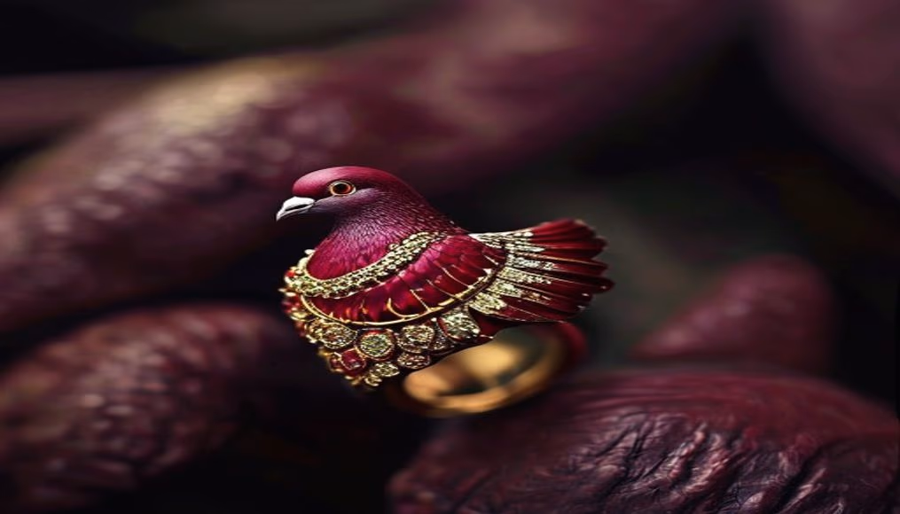 ruby pigeon blood ring myanmar in luxury editorial photography