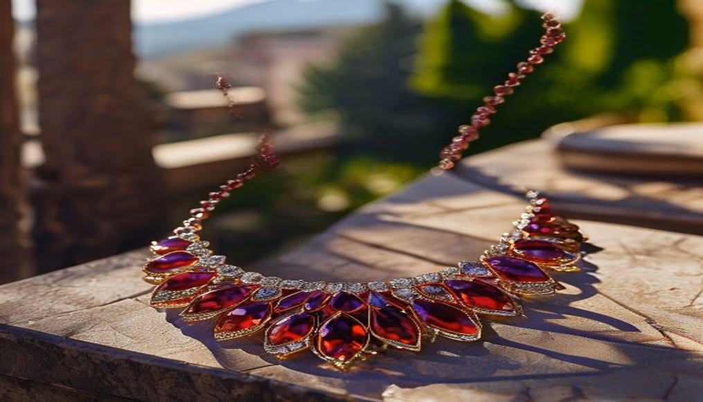 ruby riviere necklace pigeon blood in luxury editorial photography