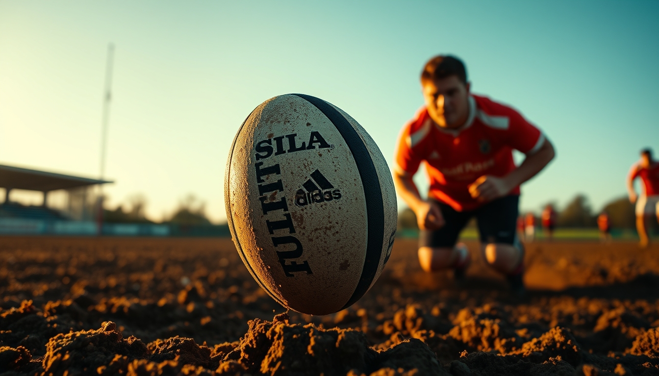 rugby ball muddy field in editorial style