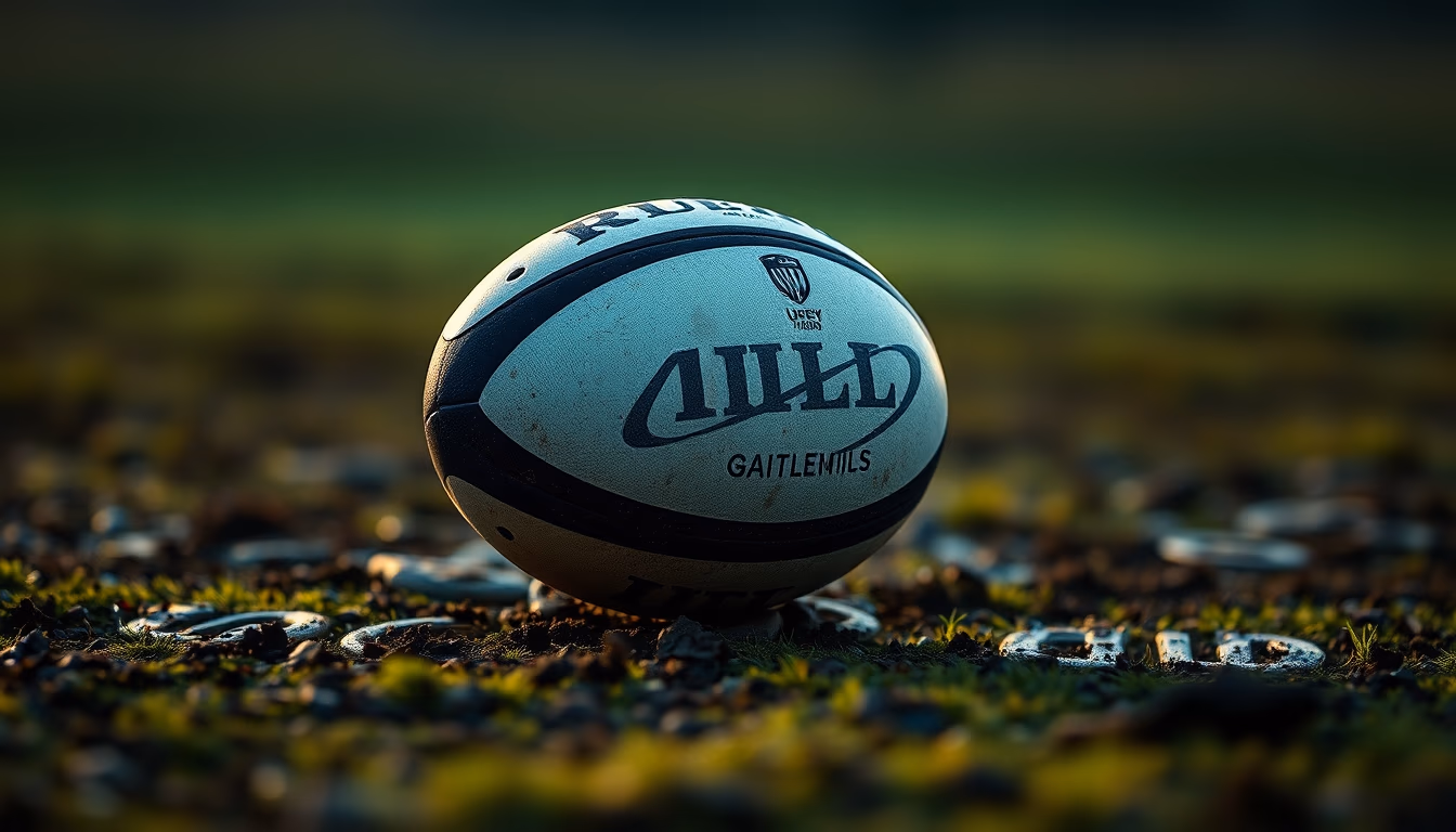 rugby ball muddy field in editorial style