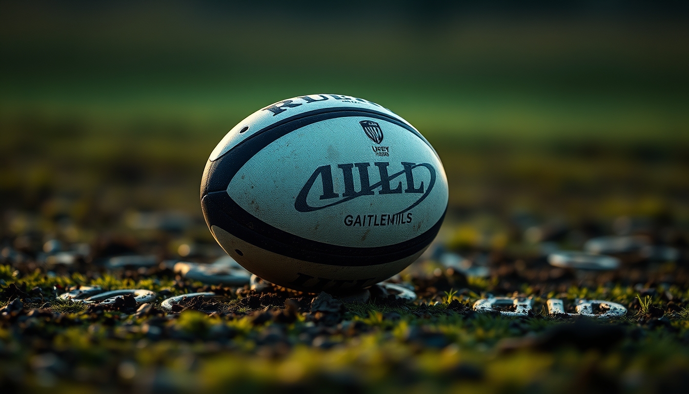 rugby ball muddy field in editorial style
