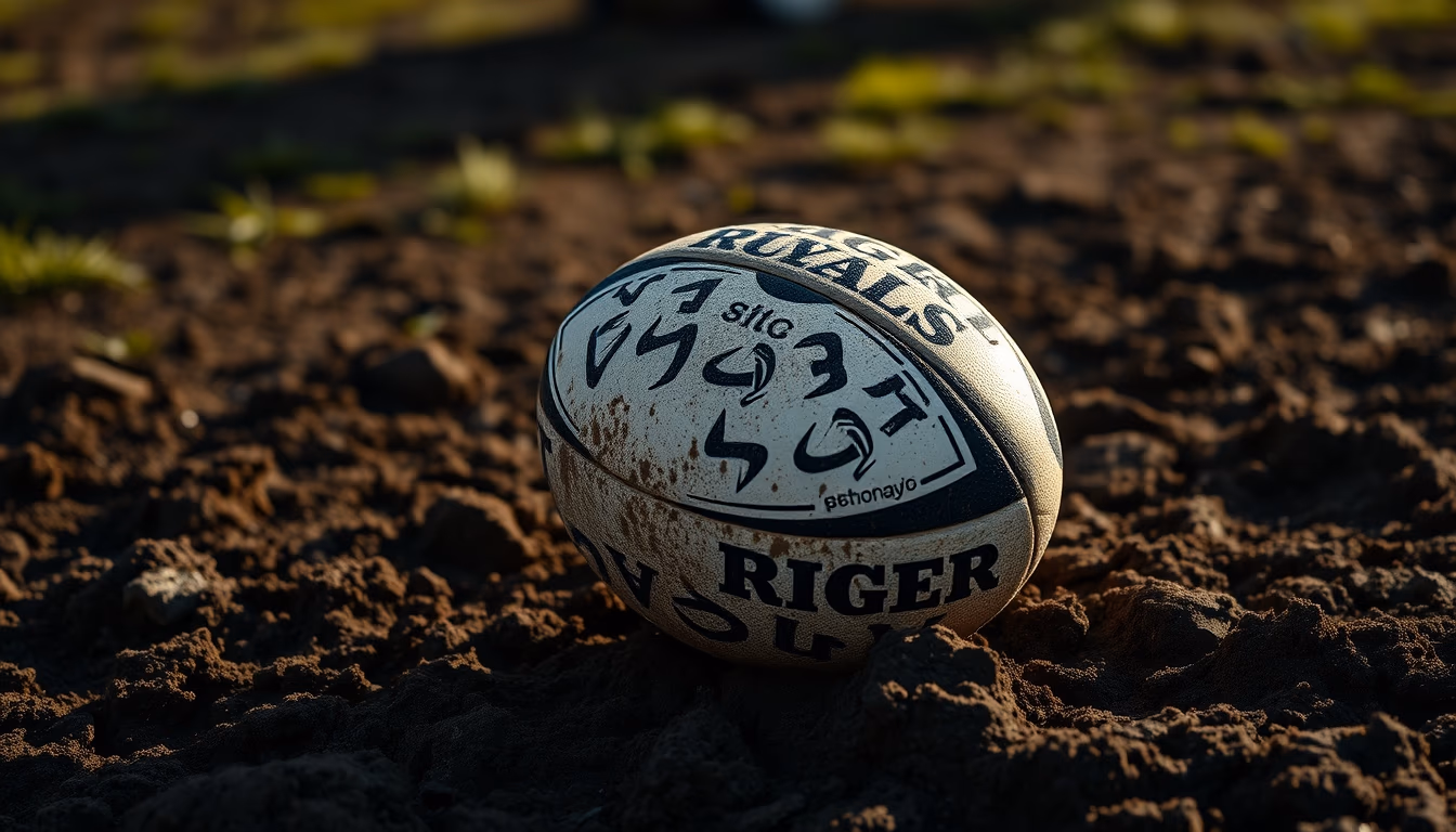 rugby ball muddy field in editorial style