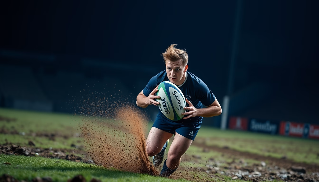 rugby ball muddy field in editorial style